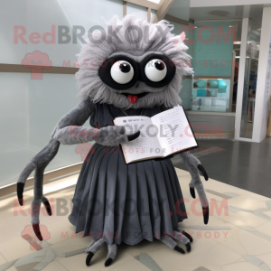 Gray Spider mascot costume character dressed with a A-Line Skirt and Reading glasses