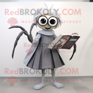 Gray Spider mascot costume character dressed with a A-Line Skirt and Reading glasses