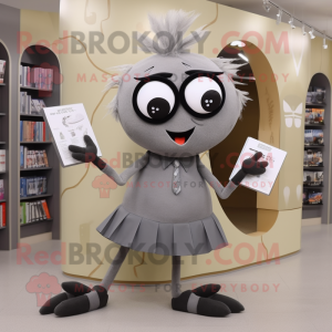 Gray Spider mascot costume character dressed with a A-Line Skirt and Reading glasses