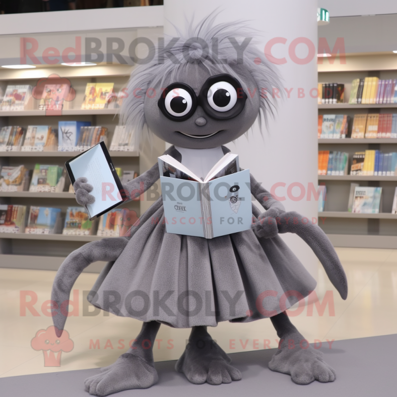 Gray Spider mascot costume character dressed with a A-Line Skirt and Reading glasses