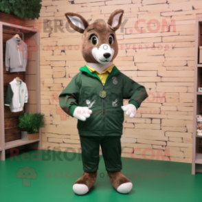 Forest Green Roe Deer mascot costume character dressed with a Windbreaker and Suspenders