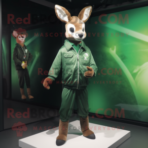 Forest Green Roe Deer mascot costume character dressed with a Windbreaker and Suspenders