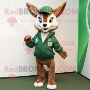 Forest Green Roe Deer mascot costume character dressed with a Windbreaker and Suspenders