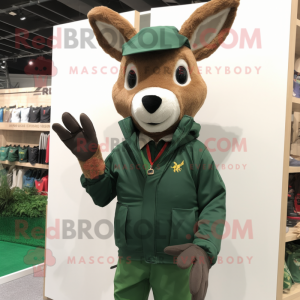 Forest Green Roe Deer mascot costume character dressed with a Windbreaker and Suspenders