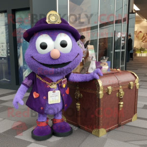 Purple Treasure Chest mascot costume character dressed with a Cardigan and Clutch bags