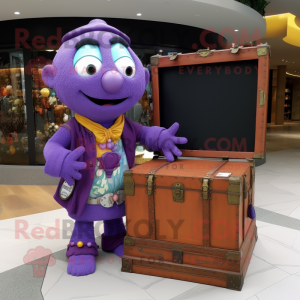 Purple Treasure Chest mascot costume character dressed with a Cardigan and Clutch bags