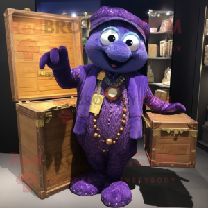 Purple Treasure Chest mascot costume character dressed with a Cardigan and Clutch bags