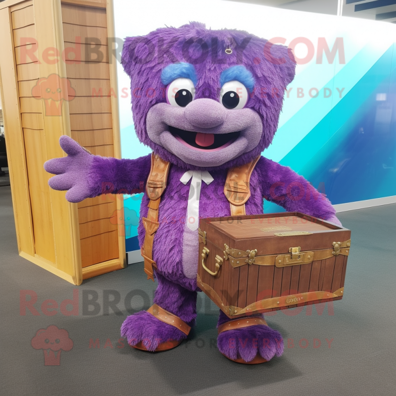 Purple Treasure Chest mascot costume character dressed with a Cardigan and Clutch bags