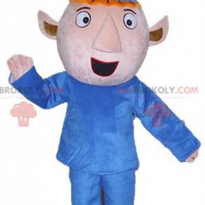 All-pink red pixie mascot dressed in a blue outfit -