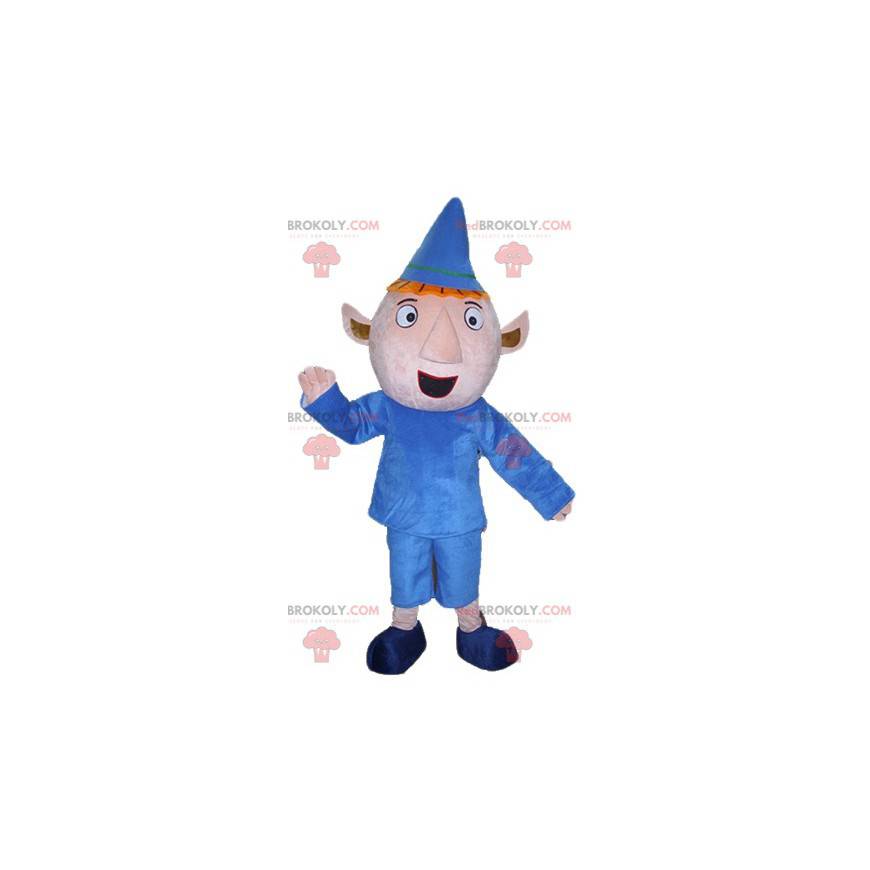 Mascotte de lutin roux tout rose habillé d'une tenue bleue -