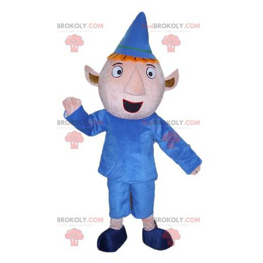 All-pink red pixie mascot dressed in a blue outfit -