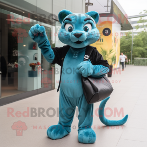 Teal Panther mascot costume character dressed with a Chinos and Clutch bags
