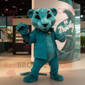 Teal Panther mascot costume character dressed with a Chinos and Clutch bags