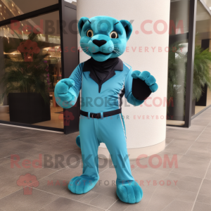 Teal Panther mascot costume character dressed with a Chinos and Clutch bags