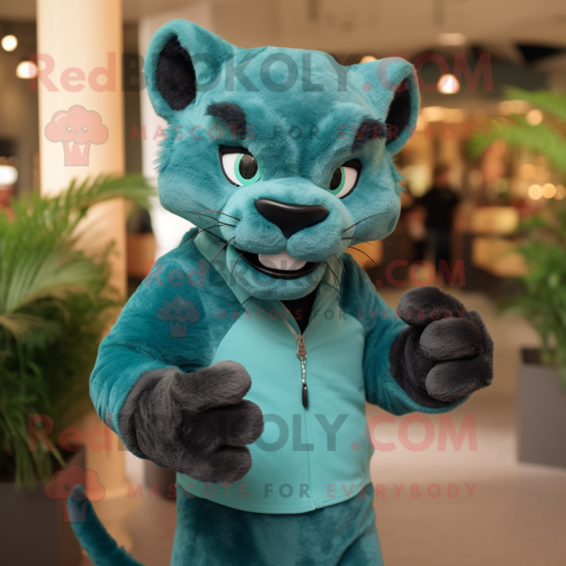 Teal Panther mascot costume character dressed with a Chinos and Clutch bags