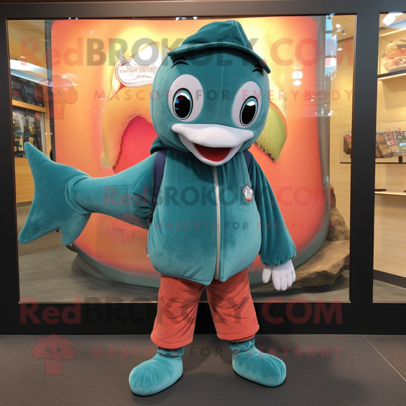 Teal Salmon mascot costume character dressed with a Corduroy Pants and Shoe clips Teal Salmon mascot costume character dressed with a Corduroy Pants and Shoe clips