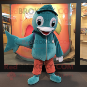 Teal Salmon mascot costume character dressed with a Corduroy Pants and Shoe clips