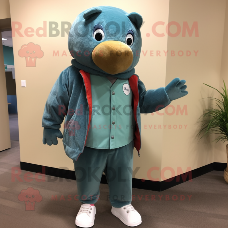 Teal Salmon mascot costume character dressed with a Corduroy Pants and Shoe clips