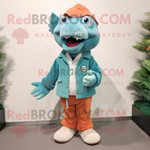 Teal Salmon mascot costume character dressed with a Corduroy Pants and Shoe clips