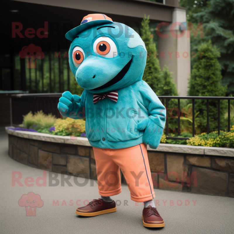 Teal Salmon mascot costume character dressed with a Corduroy Pants and Shoe clips Teal Salmon mascot costume character dressed with a Corduroy Pants and Shoe clips