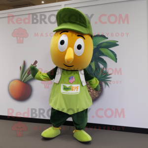 Olive Mango mascot costume character dressed with a Bermuda Shorts and Headbands