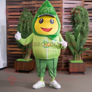 Olive Mango mascot costume character dressed with a Bermuda Shorts and Headbands