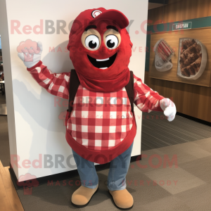 Red Pizza mascot costume character dressed with a Flannel Shirt and Wraps