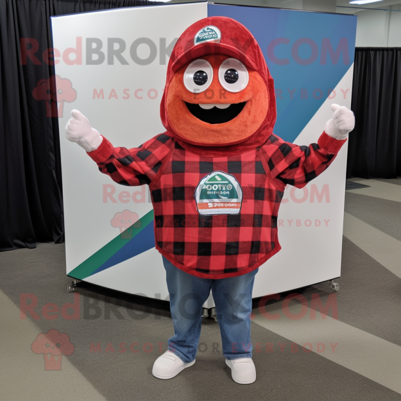 Red Pizza mascot costume character dressed with a Flannel Shirt and Wraps