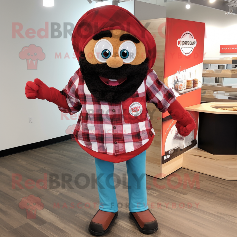 Red Pizza mascot costume character dressed with a Flannel Shirt and Wraps