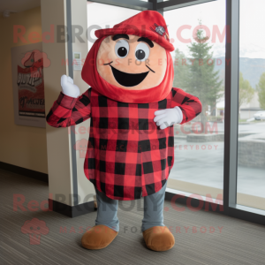 Red Pizza mascot costume character dressed with a Flannel Shirt and Wraps