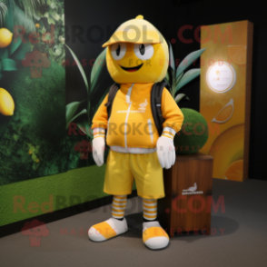 Lemon Yellow Mandarin mascot costume character dressed with a Rugby Shirt and Backpacks