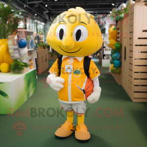 Lemon Yellow Mandarin mascot costume character dressed with a Rugby Shirt and Backpacks