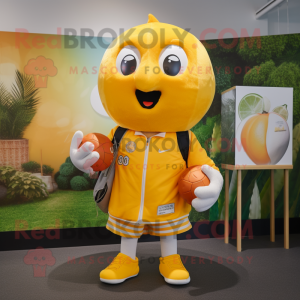 Lemon Yellow Mandarin mascot costume character dressed with a Rugby Shirt and Backpacks