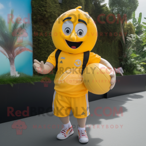 Lemon Yellow Mandarin mascot costume character dressed with a Rugby Shirt and Backpacks