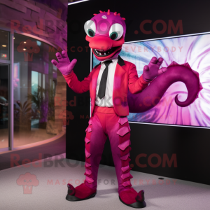 Magenta Hydra mascot costume character dressed with a Suit and Ties