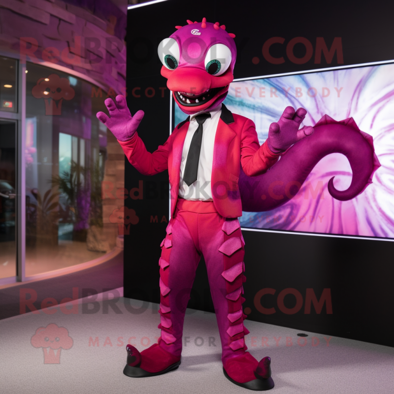 Magenta Hydra mascot costume character dressed with a Suit and Ties Magenta Hydra mascot costume character dressed with a Suit and Ties