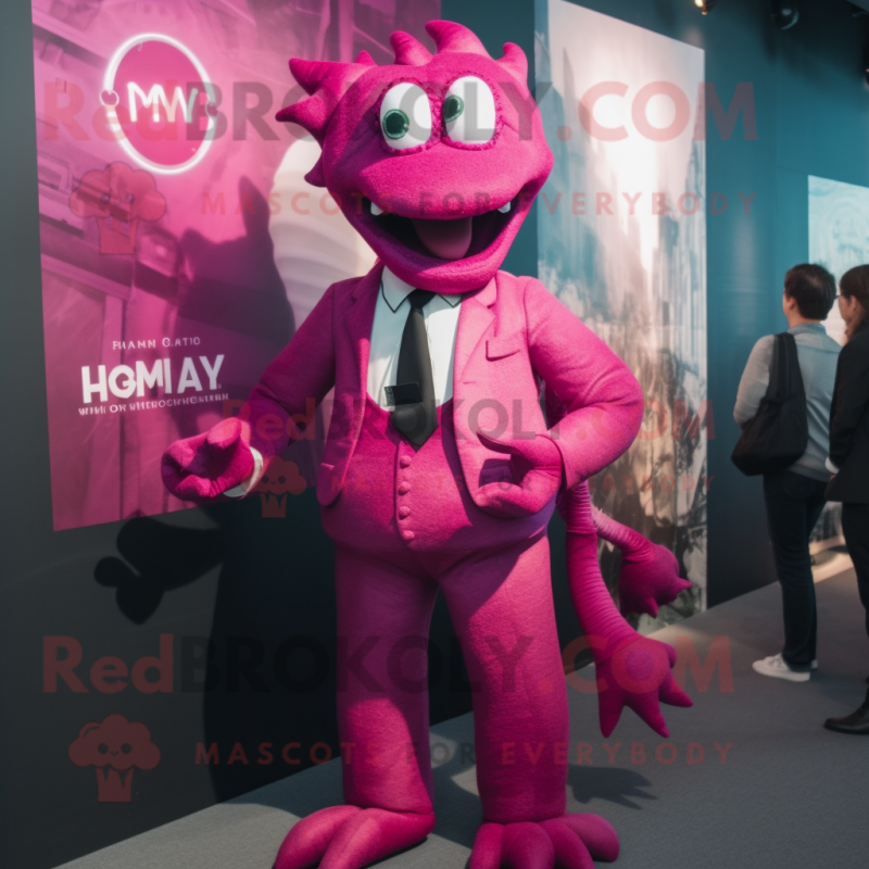 Magenta Hydra mascot costume character dressed with a Suit and Ties Magenta Hydra mascot costume character dressed with a Suit and Ties