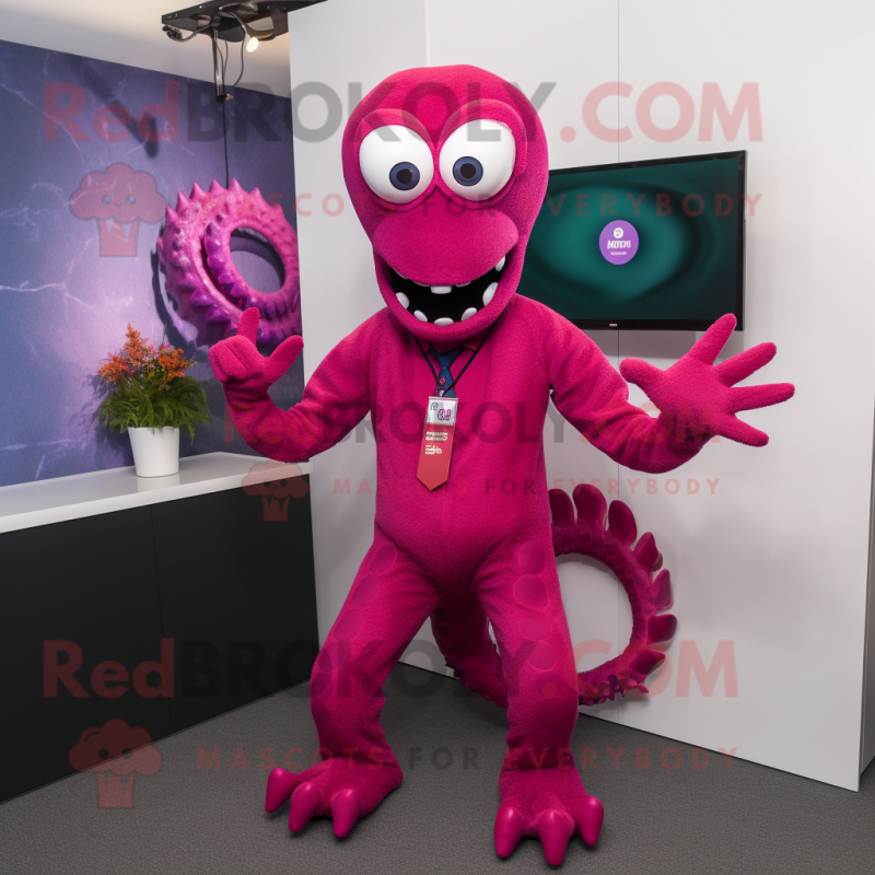 Magenta Hydra mascot costume character dressed with a Suit and Ties