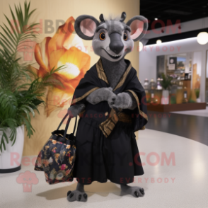 Black Thylacosmilus mascot costume character dressed with a Wrap Skirt and Handbags