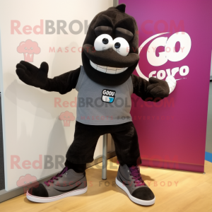 Black Goulash mascot costume character dressed with a Tank Top and Shoe laces