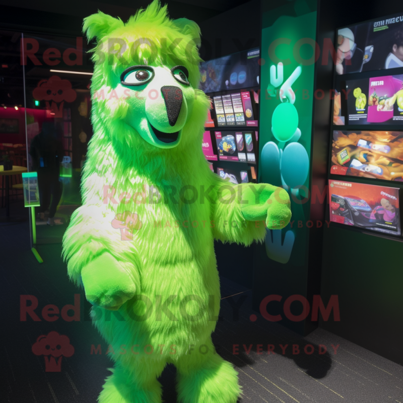 Lime Green Llama mascot costume character dressed with a Swimwear and Hairpins Lime Green Llama mascot costume character dressed with a Swimwear and Hairpins