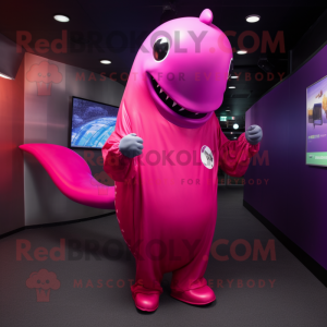 Magenta Humpback Whale mascot costume character dressed with a Jumpsuit and Foot pads