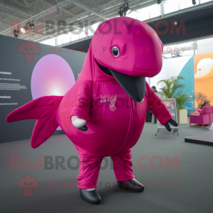 Magenta Humpback Whale mascot costume character dressed with a Jumpsuit and Foot pads