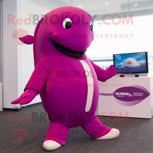 Magenta Humpback Whale mascot costume character dressed with a Jumpsuit and Foot pads