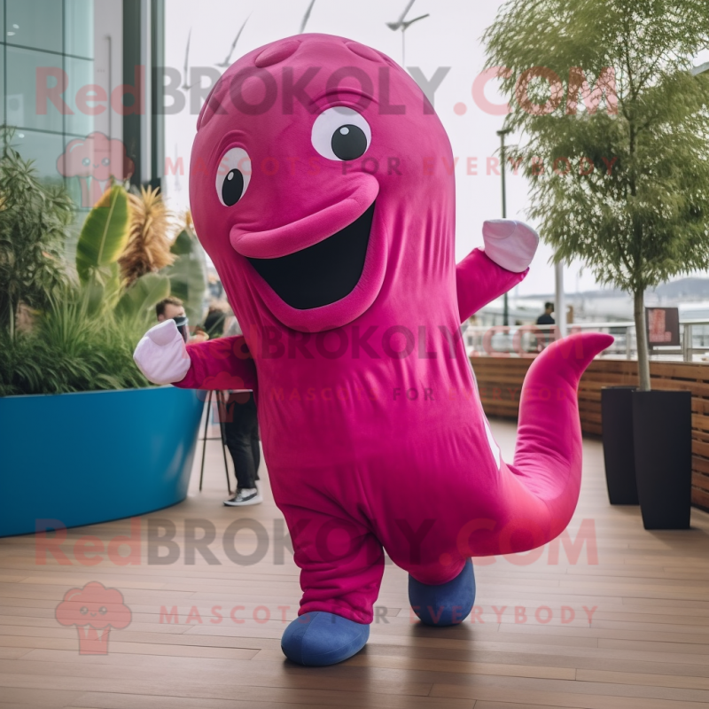 Magenta Humpback Whale mascot costume character dressed with a Jumpsuit and Foot pads Magenta Humpback Whale mascot costume character dressed with a Jumpsuit and Foot pads