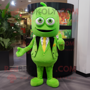 Lime Green Zucchini mascot costume character dressed with a Suit Jacket and Coin purses