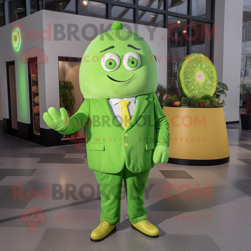 Lime Green Zucchini mascot costume character dressed with a Suit Jacket and Coin purses Lime Green Zucchini mascot costume character dressed with a Suit Jacket and Coin purses