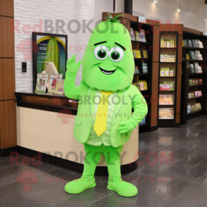 Lime Green Zucchini mascot costume character dressed with a Suit Jacket and Coin purses