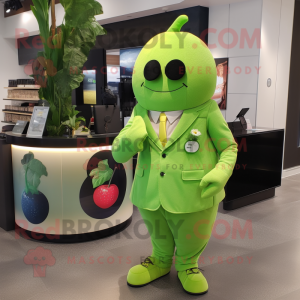 Lime Green Zucchini mascot costume character dressed with a Suit Jacket and Coin purses