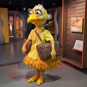 Gold Guinea Fowl mascot costume character dressed with a Pleated Skirt and Backpacks